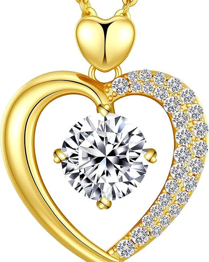 Beam & Bask Moissanite Heart Pendant Necklaces for Women, Engraved with LOVE, Sterling Silver Plated with 18K Gold, Anniversary and Birthday Jewelry for Wife, Girlfriend, Mom, or Her