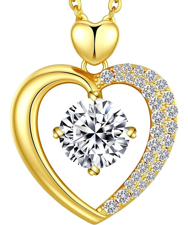 Beam & Bask Moissanite Heart Pendant Necklaces for Women, Engraved with LOVE, Sterling Silver Plated with 18K Gold, Anniversary and Birthday Jewelry for Wife, Girlfriend, Mom, or Her