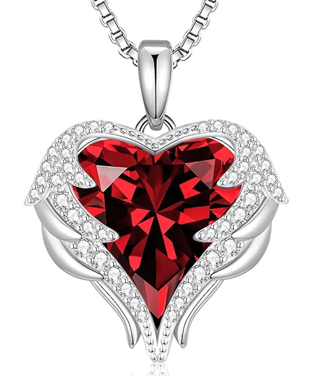 CDE Christmas Gifts for Women Angel Wings Necklace for Women with Birthstone, Love Heart Silver Tone/Gold Tone Pendant, Ideal Anniversary or Birthday Jewelry Gifts for Wife Girlfriend Her