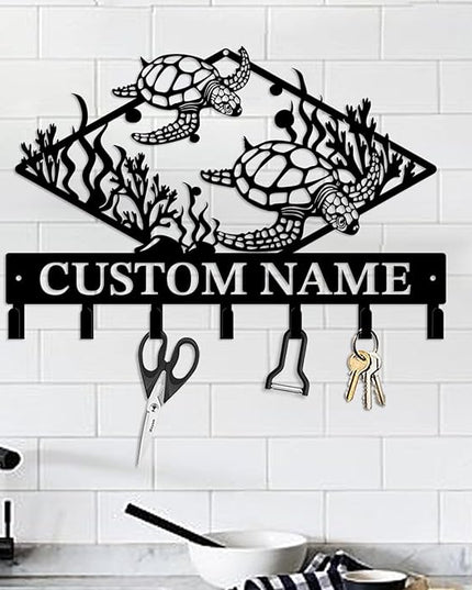Casebrick Custom Sea Turtle Metal Wall Hooks,Key Holder-Personalized Iron Wall Decor for Keys, Coats & Home Organization (Black, Handmade,Decorative for Entryway, Beach,Bedroom,Office) (Style G)