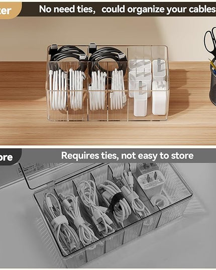 Charger Cable Cord Storage Organizer Easy Storage Without Ties Charger Cable Organizer Cable Management Boxes - 1 Pack（Transparent）