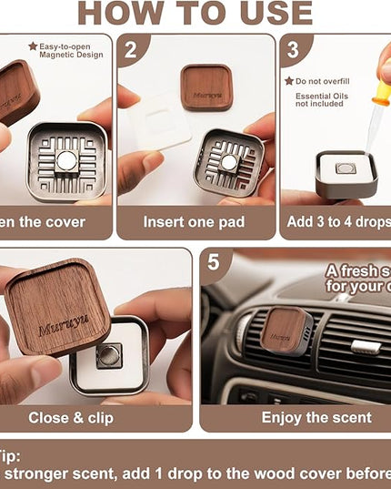 Car Diffuser, Walnut Wood & Zinc Alloy with Magnetic Closure, Refillable DIY Scent Personalization, Elegant Car Air Freshener Vent Clip for Drivers (Essential Oils Sold Separately)