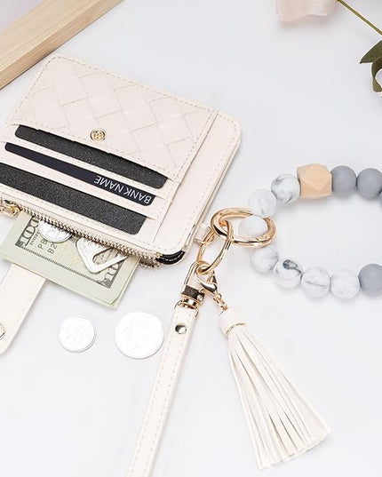 Keychain Wallet with Bracelet RFID Blocking Wristlet Credit Purse Card Holder, Silicone Bead Tassel Key Ring for Women