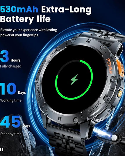 LIGE 1.43" AMOLED Smart Watch for Men with Flashlight, Bluetooth Calling, 100+ Sport Modes, 530mAh, IP68 Waterproof Fitness Tracker for Workout, iOS Android Compatible, Black Steel Leather