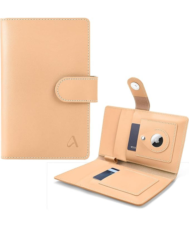 ALLIVE RFID Blocking Passport Wallet with AirTag Slot, Genuine Leather Passport Holder for Family Travel of 4, Travel Essentials & Gift, Airport Must-Have (Beige)