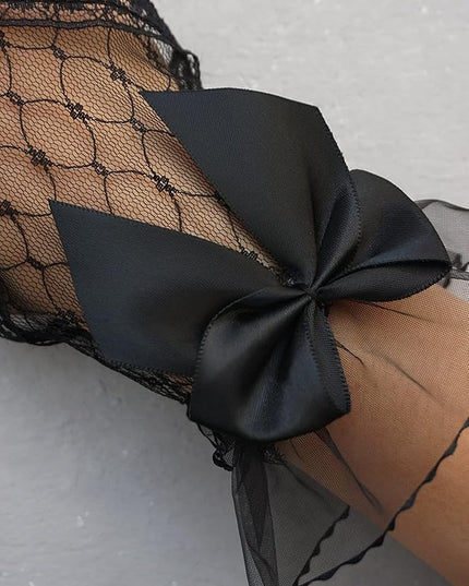 OYOANGLE Women's Floral Lace Bow Front Short Wrist Cuff Wedding Wrist Length Bridal Prom Gloves