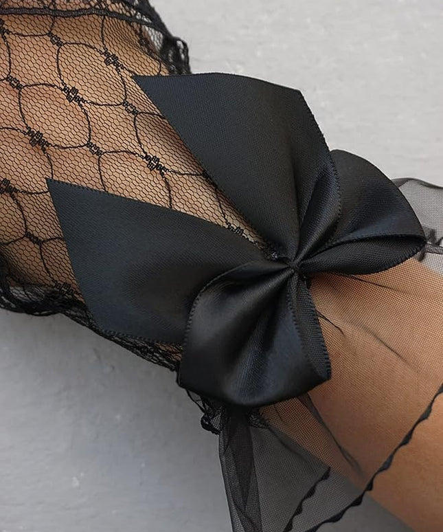 OYOANGLE Women's Floral Lace Bow Front Short Wrist Cuff Wedding Wrist Length Bridal Prom Gloves
