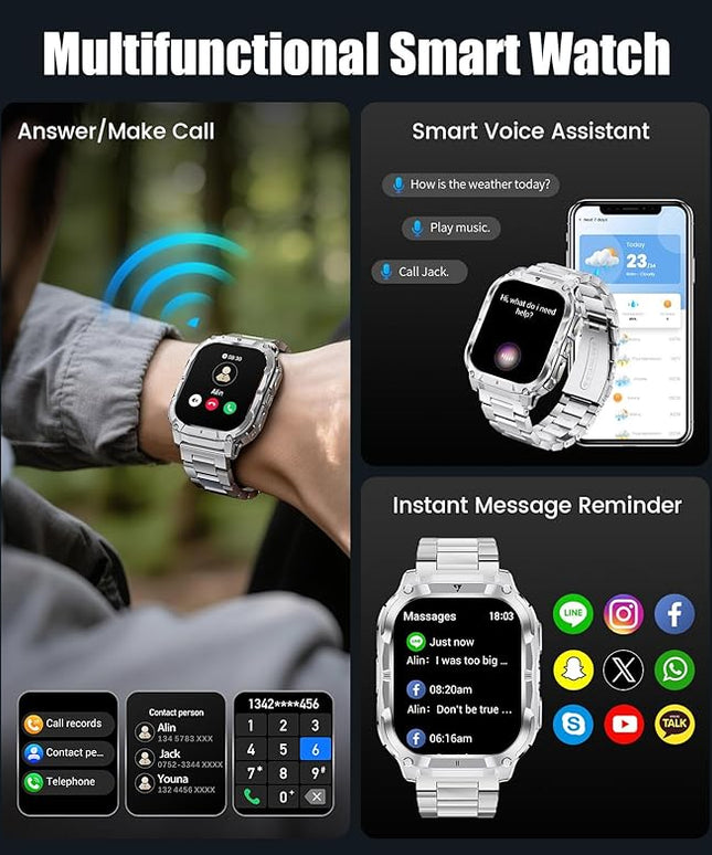 2.0" Military Smart Watch for Men with Flashlight, Make/Answer Calls, 1000mAh, IP68 Waterproof, 100+ Sport Modes Fitness Tracker for Workout Outdoor iOS Android Compatible, Silver