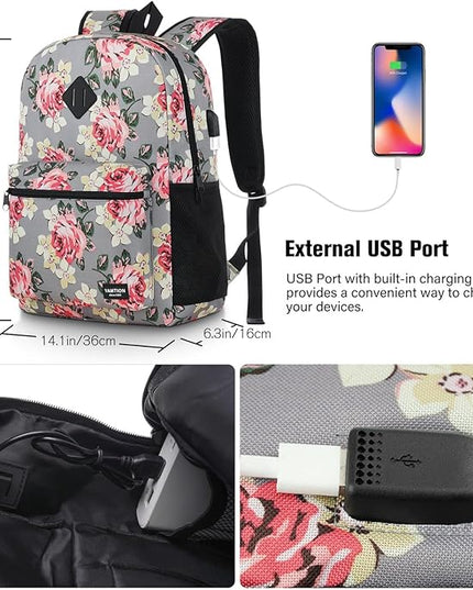 School Backpack Women and Teen Girl,Classic Bookbag Schoolbag with USB Port for High School College Office Work Travel 15.6 inch Gray Flower