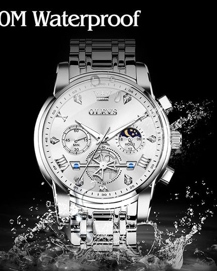 OLEVS Mens Watches Chronograph Watch Luxury Dress Stainless Steel Waterproof Watches for Men Moon Phase Luminous Business Calendar Wrist Watch Blue/Black/Green/Gold/Face