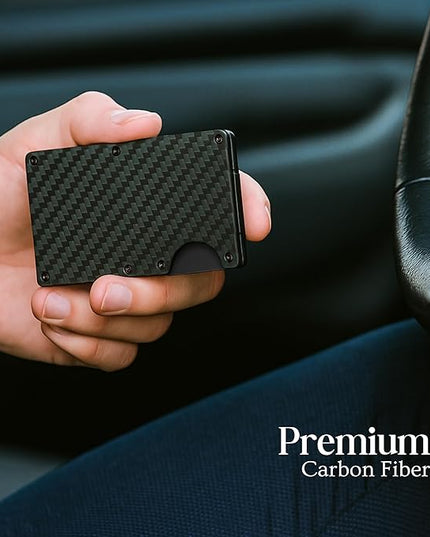 DEMVRI Carbon Fiber Wallet for Men Slim RFID Blocking Minimalist Card Holder with Money Clip, Scratch-Resistant Ultra-Light Metal Wallet, Compact Design, Gift Box Included