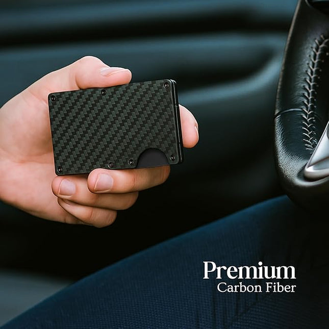 DEMVRI Carbon Fiber Wallet for Men Slim RFID Blocking Minimalist Card Holder with Money Clip, Scratch-Resistant Ultra-Light Metal Wallet, Compact Design, Gift Box Included