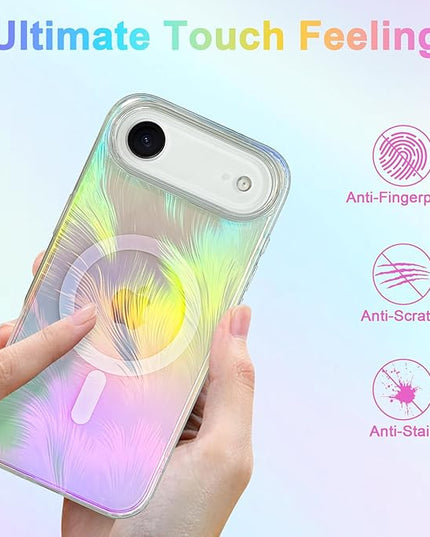 Glitter Case for iPhone Air Case for Women Girls [ Compatible with Magsafe ] Clear Cute Aesthetic Girly Iridescent Feather Sparkly Bling Magnetic Phone Cover, Gradient Blue & Pink