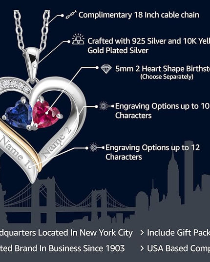 2-Heart Couple Name Engraved Pendant Necklace For Women | 925 Sterling Silver and 10K Yellow Gold | Customized and Personalized | Gemstone Birthstone and Lab Grown Diamond | 18 Inch Silver Chain