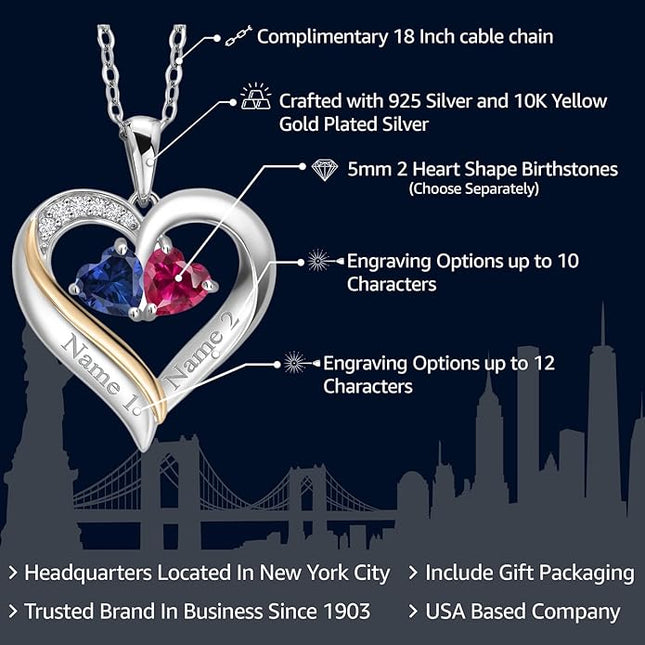 2-Heart Couple Name Engraved Pendant Necklace For Women | 925 Sterling Silver and 10K Yellow Gold | Customized and Personalized | Gemstone Birthstone and Lab Grown Diamond | 18 Inch Silver Chain