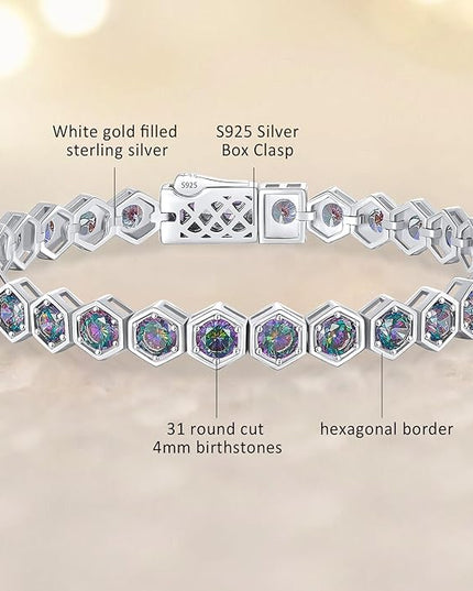Birthstone Tennis Bracelets for Women Birthday Gifts 925 Sterling Silver Hexagon White Gold Bracelets Round Cut 5A Cubic Zirconia Prong Setting 7 Inch Anniversary Jewelry Gift