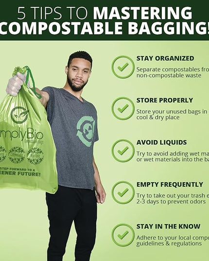 Simply Bio 13 Gallon Compostable Trash Bags Liners Drawstring, Heavy Duty Extra Thick 1 Mil, 49.21 Liter, 30 Bags, Tall Kitchen Food Scrap Waste Bag, ASTM D6400, US BPI and OK Compost Home Certified
