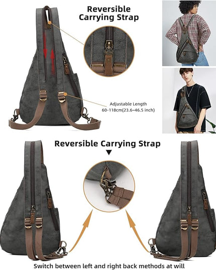 KL928 PU Leather Sling Bag - Small Crossbody Backpack Shoulder Casual Daypack Rucksack for Men Women