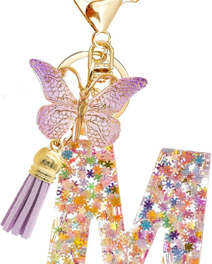 Fashion Alphabet Initial Letter Keychain Tassel Butterfly Pendant Key Ring for Purse Handbags Women Girl