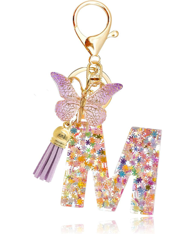 Fashion Alphabet Initial Letter Keychain Tassel Butterfly Pendant Key Ring for Purse Handbags Women Girl