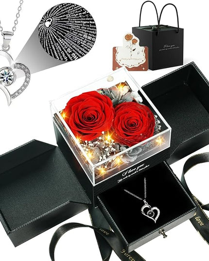 Birthday Gifts for Women, Preserved Real Roses with Heart Necklace I Love You in 100 Languages, Anniversary Wedding Gifts for Women Her Girlfriend Wife, 2 Red Forever Roses Necklace Gift Box