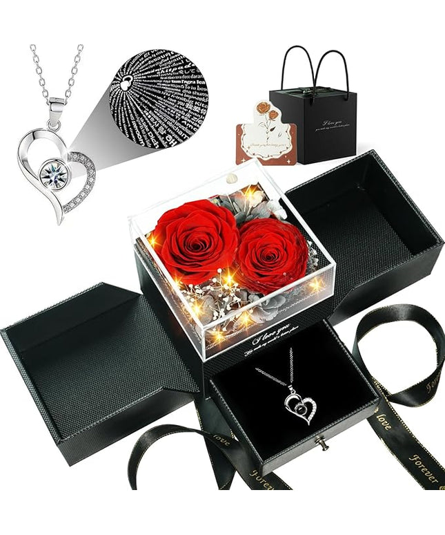 Birthday Gifts for Women, Preserved Real Roses with Heart Necklace I Love You in 100 Languages, Anniversary Wedding Gifts for Women Her Girlfriend Wife, 2 Red Forever Roses Necklace Gift Box