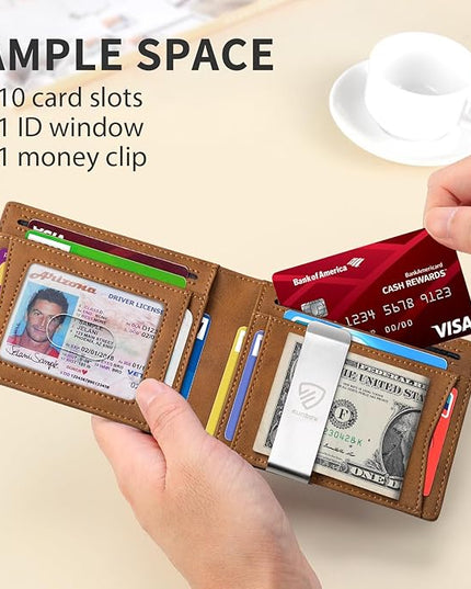 RUNBOX Mens Slim Wallet with Money Clip RFID Blocking Bifold Credit Card Holder for Men with Gift Box