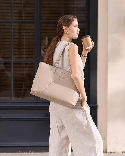 LOVEVOOK Laptop Bag for Women,15.6 Inch Work Teacher Bags Leather Tote Bag Briefcase Waterproof Computer Bag for Women,Nude