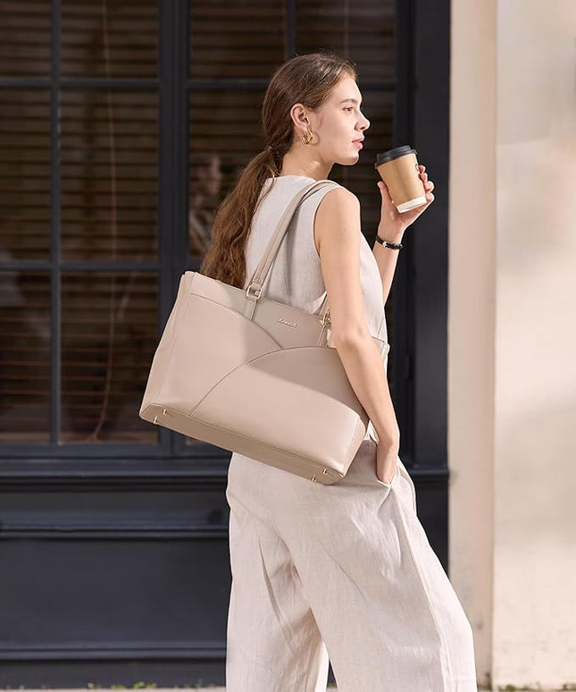 LOVEVOOK Laptop Bag for Women,15.6 Inch Work Teacher Bags Leather Tote Bag Briefcase Waterproof Computer Bag for Women,Nude