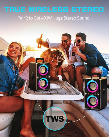 Bluetooth Speaker, 200W Peak Loud Stereo with Big Bass, 20H Playtime, TWS, Fast Charging, Portable Handle, Wireless Large Boombox Bocina with LED Light for Party Outdoor Backyard Camping