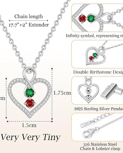 LOUISA SECRET Infinity Double Birthstone Necklace, 925 Sterling Silver Tiny Pendant Heart Necklace for Women Wife Her, Best Jewelry Gift Heart Jewelry Meaningful Gift for Valentine's Day, Christmas, Birthday Anniversary