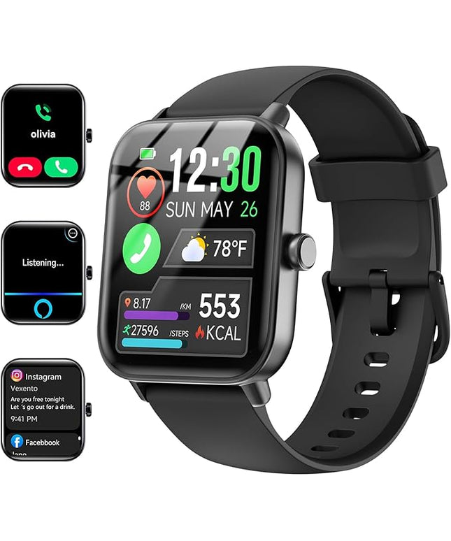 Smart Watches for Women/Men, Smart Watch for Android Phones and iPhone Compatible, Alexa Built-in, 1.8" Fitness Watches for Women, IP68 Waterproof /Bluetooth Call, Heart Rate/Sleep Monitor, Black