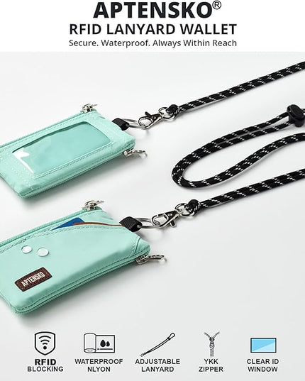 RFID Travel Wallet with Adjustable Lanyard-Zipper Small Wallet with ID Card Holder, Keychain for women&men-Minimalist Slim Waterproof Nylon case for ID, Cash, Key (Mint Aqua)