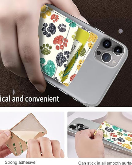 Phone Card Holder, Dual Pocket Leather Wallet Adhesive Stick On, Cute Credit Card Holder for Smartphones Case Compatible with Most Phone（Animal footprints）