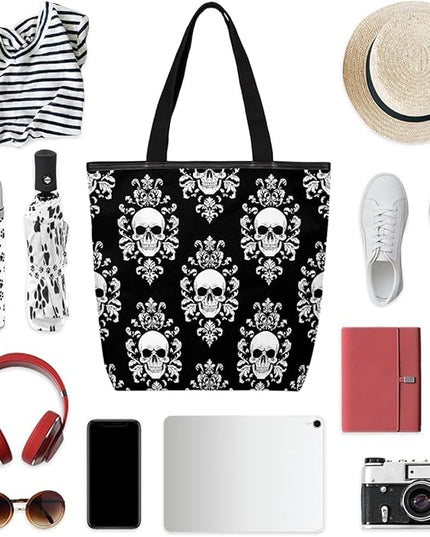 Pardick Canvas Tote Bags, Gothic Skull Tote Bag Eco Friendly Reusable Grocery Shopping Bagsfor Beach, Books, Women with Zipper Inner Pocket