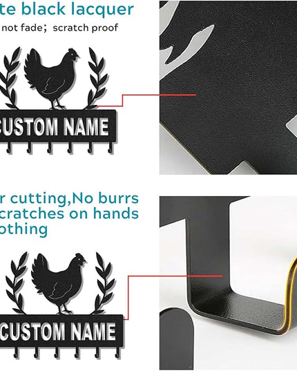 LOWACOS Personalized Key Holder for Wall, Custom Metal Chicken Key Hooks with Name, Meta Jacket Holder Hooks Organizer Rack, Jacket Hanger Decor for Kitchen, Entryway, Hallway, Office, Doorway