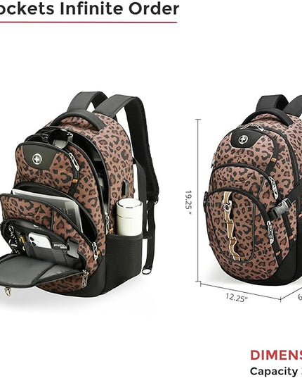 Swissdigital Laptop Backpack with USB Charging Port, Travel Backpack Fits 15.6 inches Computer, 31L Backpack for Men and Women, Brown Leopard | SD803-103