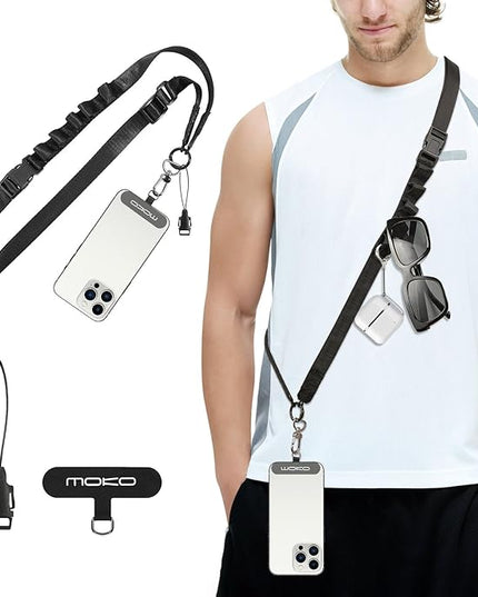 MoKo Universal Phone Lanyard, Nylon Adjustable Cell Phone Crossbody Strap Detachable Women & Men Cellphone Lanyards Around the Neck with Patches for iPhone, Most Smartphones, Black