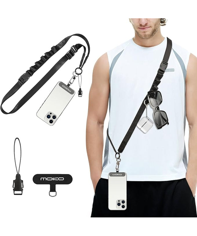 MoKo Universal Phone Lanyard, Nylon Adjustable Cell Phone Crossbody Strap Detachable Women & Men Cellphone Lanyards Around the Neck with Patches for iPhone, Most Smartphones, Black