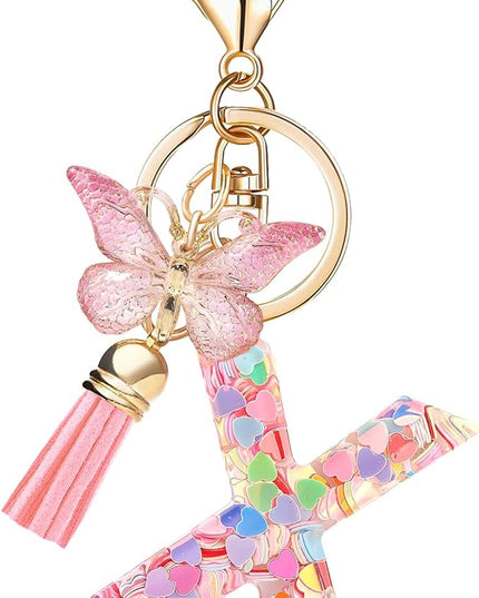 Fashion Alphabet Initial Letter Keychain Tassel Butterfly Pendant Key Ring for Purse Handbags Women Girl