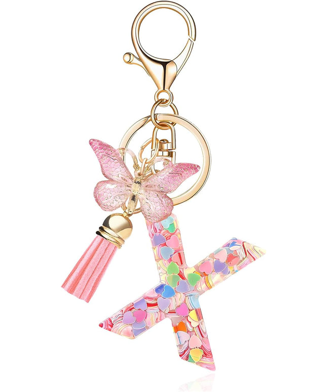 Fashion Alphabet Initial Letter Keychain Tassel Butterfly Pendant Key Ring for Purse Handbags Women Girl