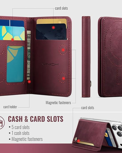 Vinich for MagSafe Wallet Magnetic RFID Blocking Card Holder Compatible with MagSafe Phones and Cases, Strong Magnet Minimalist Phone Wallet for iPhone 17/16/15/14/13/12/Pro/Max/Plus, Burgundy