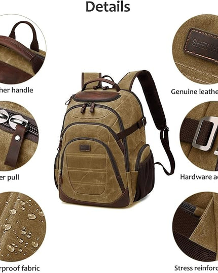 Travel Laptop Backpack 17.3 inch XL Computer Backpack for Men Waxed Canvas College Daypack Business Backpack Brown