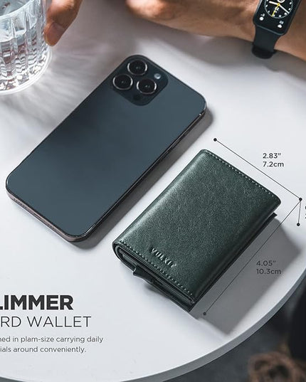 VULKIT Pop up Card Wallet Minimalist Cash Wallets RFID Blocking Leather Smart Credit Card Holder with ID window for Men(Green)