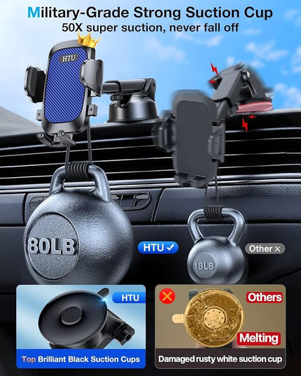 HTU [True Military-Grade] 2025 Upgraded Car Phone Holder 【Safety Certs & No Smell】 Cell Phone Holder for Car Mount for Dashboard Windshield Air Vent Long Arm Thick Case,Sapphire Blue