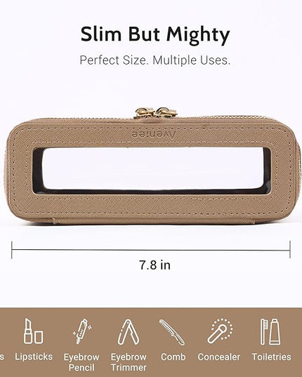 Aveniee Clear Makeup Brush Bag, Slim Cosmetic Brush Holder, Small Travel Toiletry Bag for Women, Thin Make up Bags with Dual Zipper, Mini Travel Essentials Organizer - Taupe