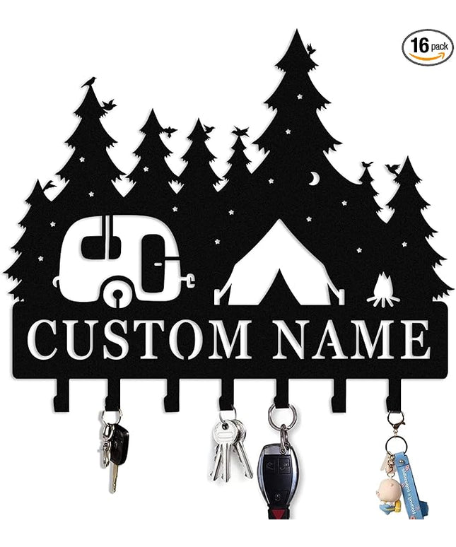Nygu6Bja Personalised Metal Key Rack Hooks,Camp Theme Key Holder with Name,Custom Key Holder for Wall,Home Sweet Home Decor,Housewarming Gift Camp 2