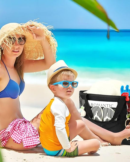 Mesh Beach Bag, Large Beach Tote with Zipper Pocket, Toys Pool Bag for Family Travel Vacation Cruise Essentials