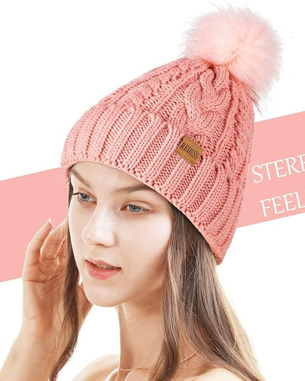 REDESS Women Winter Pompom Beanie Hat with Warm Fleece Lined, Thick Slouchy Snow Knit Skull Ski Cap