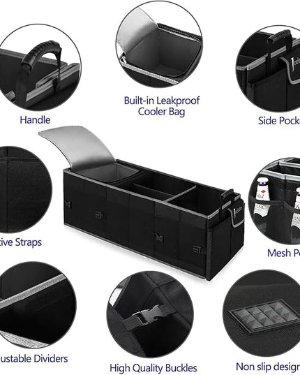 Trunk Organizer With Built-In Insulated Leak Proof Cooler Bag,Collapsible Cargo Organizer For Suv With Non Slip Bottom Strips,3 Large Compartments Foldable Waterproof Portable Car Storage Box